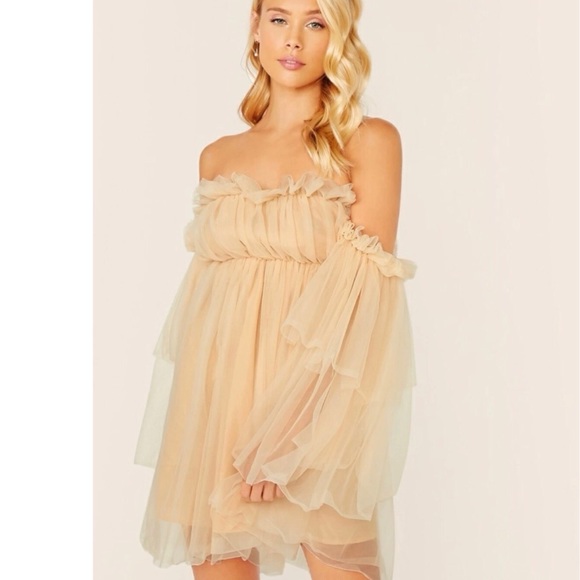 Ruffle dress mesh off shoulder fairy layer cream bell wide sleeve - Picture 1 of 14